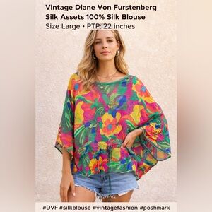Diane Von Furstenberg Silk Assets Blouse L | 100% Silk Tropical Floral Boho